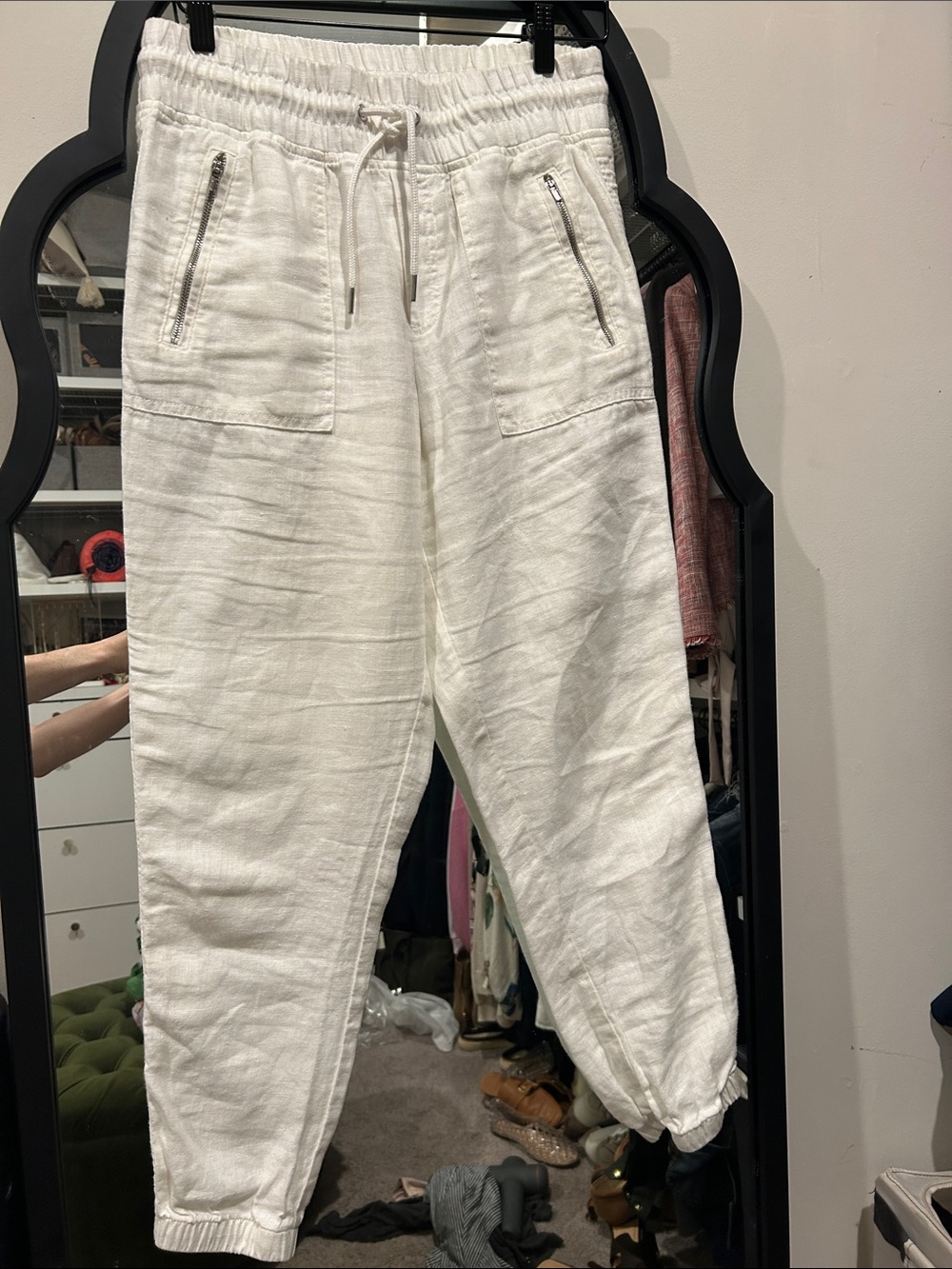 Athleta White Linen-Blend Retreat Drawstring Joggers with Zip Pockets